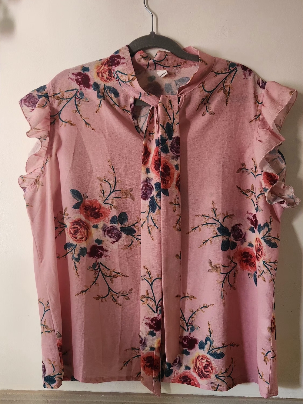 Floral Pink Tie-Neck Ruffle Sleeve Blouse